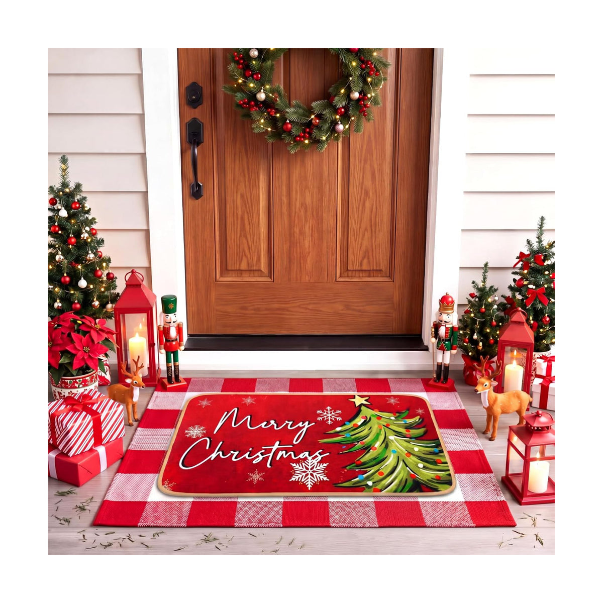 Tinideya 2 Pcs Christmas Door Mat Outdoor Whimsical Xmas Tree Front Doormat Nonslip Red and White Buffalo Plaid Layered Linen Rubber Xmas Rugs Merry Christmas Decor for Front Porch Entryway Outside