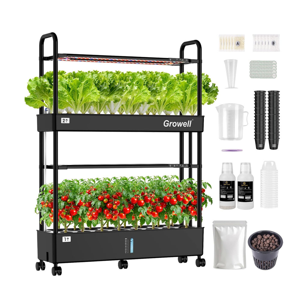 Growell Large Basket Hydroponics Growing System Kit, 32 Pods Vertical Hydroponic Garden with 2 Grow Light Modes, Auto