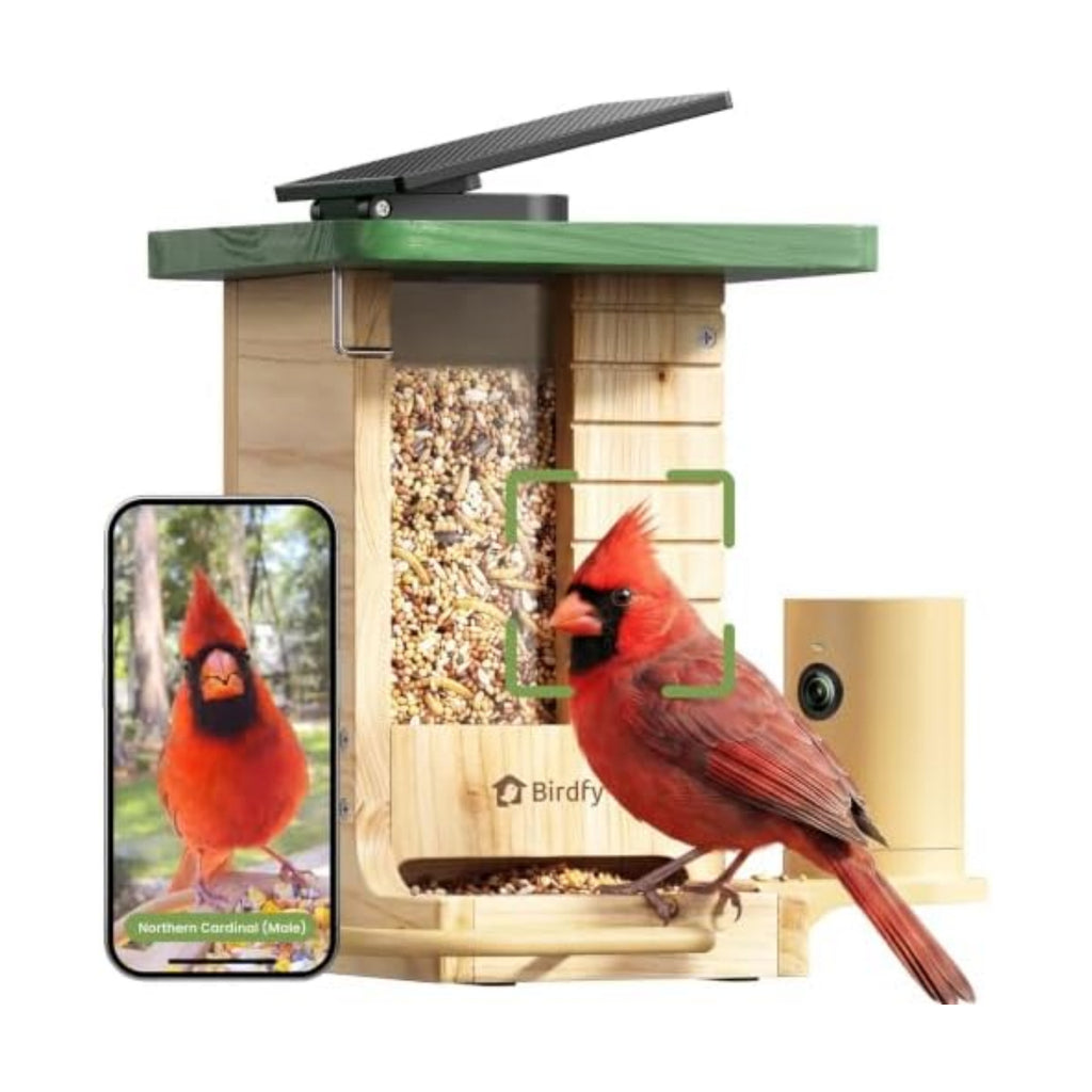 Birdfy Smart Bird Feeder with Camera Solar Powered, Slow-Motion Video & Night Insight, AI Identify 6000+ Species Lifetime Free, Ideal for Outdoors Bird Watching & Gifts for BirdLovers, Wood
