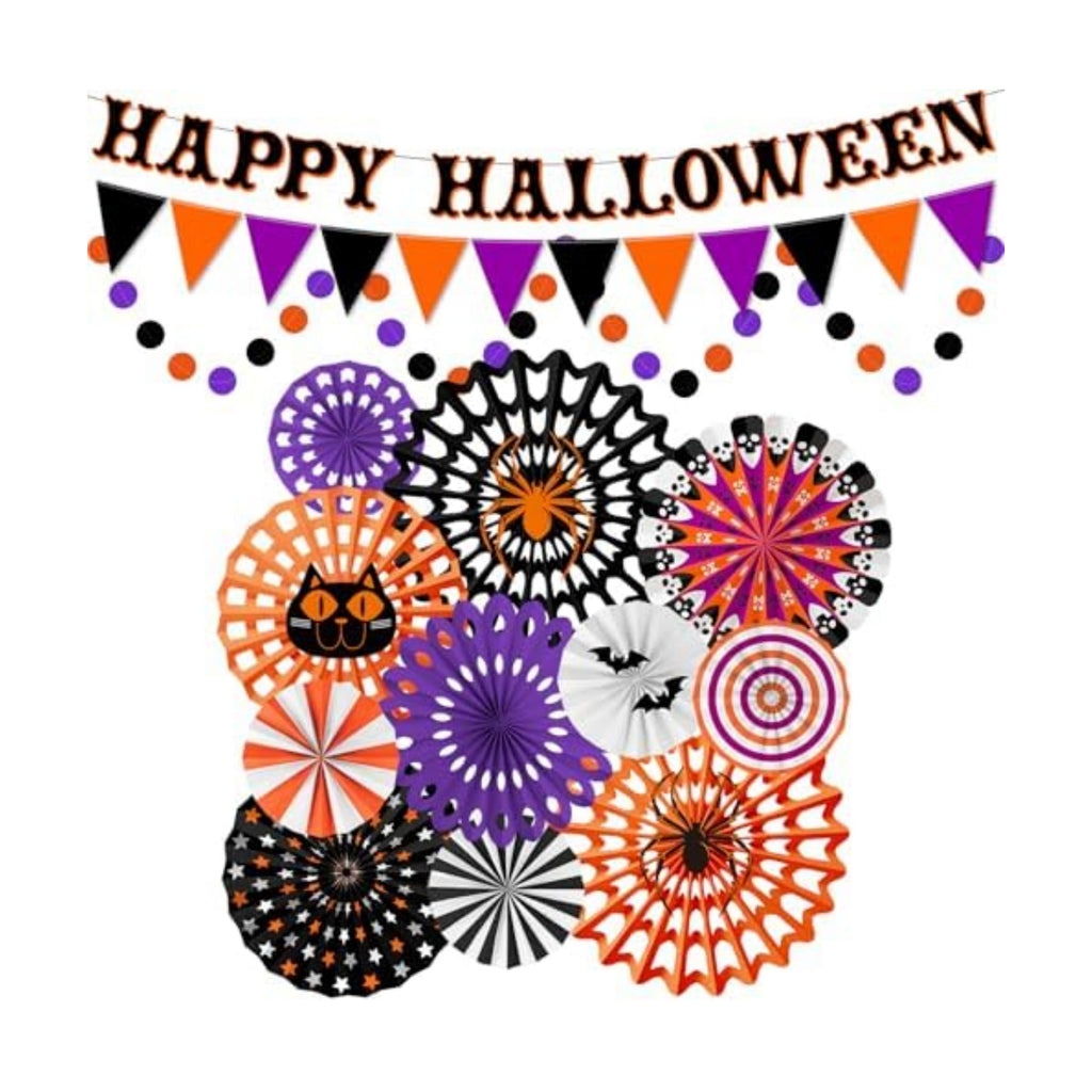 Halloween Party Decorations Set - Spooky Banner, Hanging Paper Fans & Dot Garland, for Halloween Theme Birthday Party Decorations