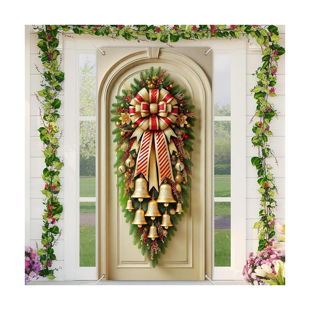 BlissYard Christmas Bells Wreath Door Cover 35x71 Inch Elegant Holiday Doors Banner Festive Gold Bells Door Decorations Polyester Fabric Doors Mural Wall Hanging Traditional Xmas Decor