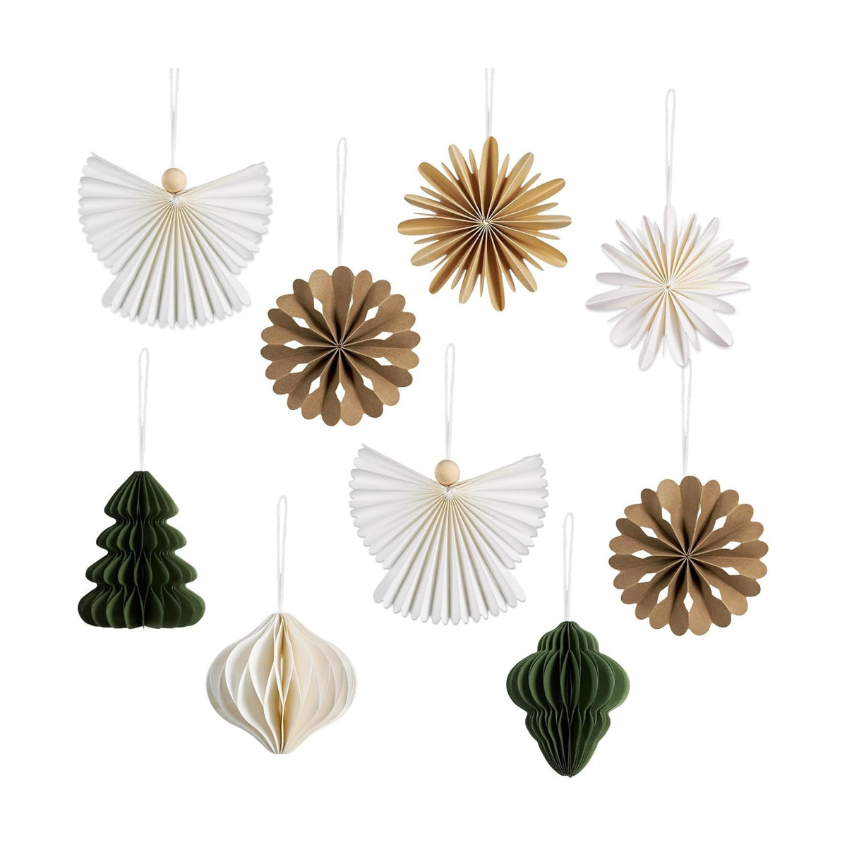PAPER JAZZ Paper Ornaments for Christmas Tree,Angel Christmas Ornaments with Green Honeycomb Christmas Tree,Gold White Paper Snowflakes Hanging for Christmas Party,New Year,Wedding.