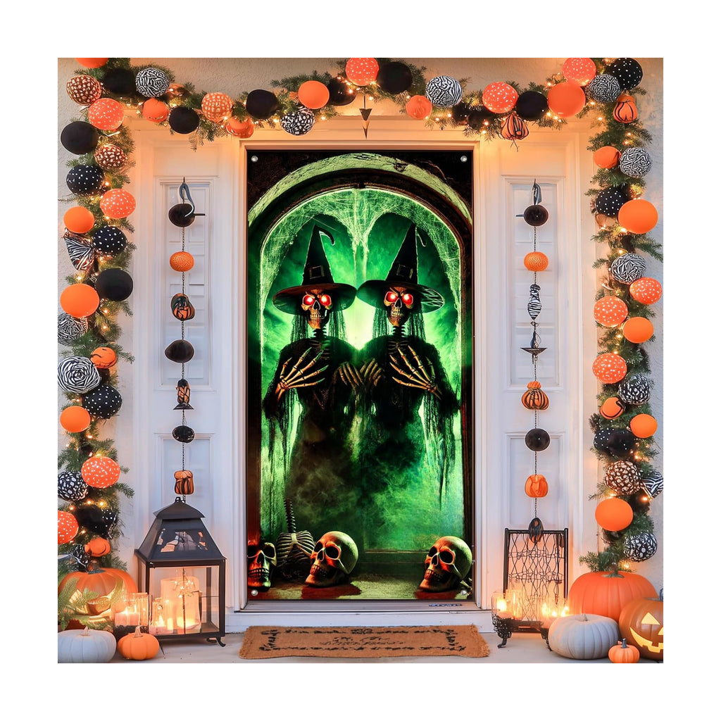 BlissYard Door Cover Skeleton Witch Haunted House 35x71 Inch Polyester