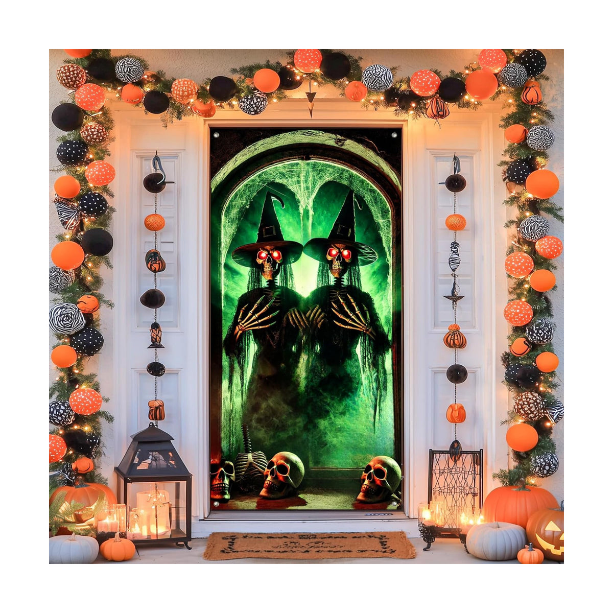 BlissYard Door Cover Skeleton Witch Haunted House 35x71 Inch Polyester