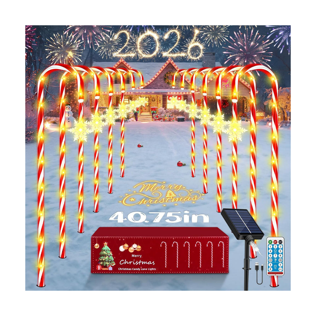 HELESIN 10Pack 40.75in Warm White Solar Candy Cane Pathway Lights Outdoor