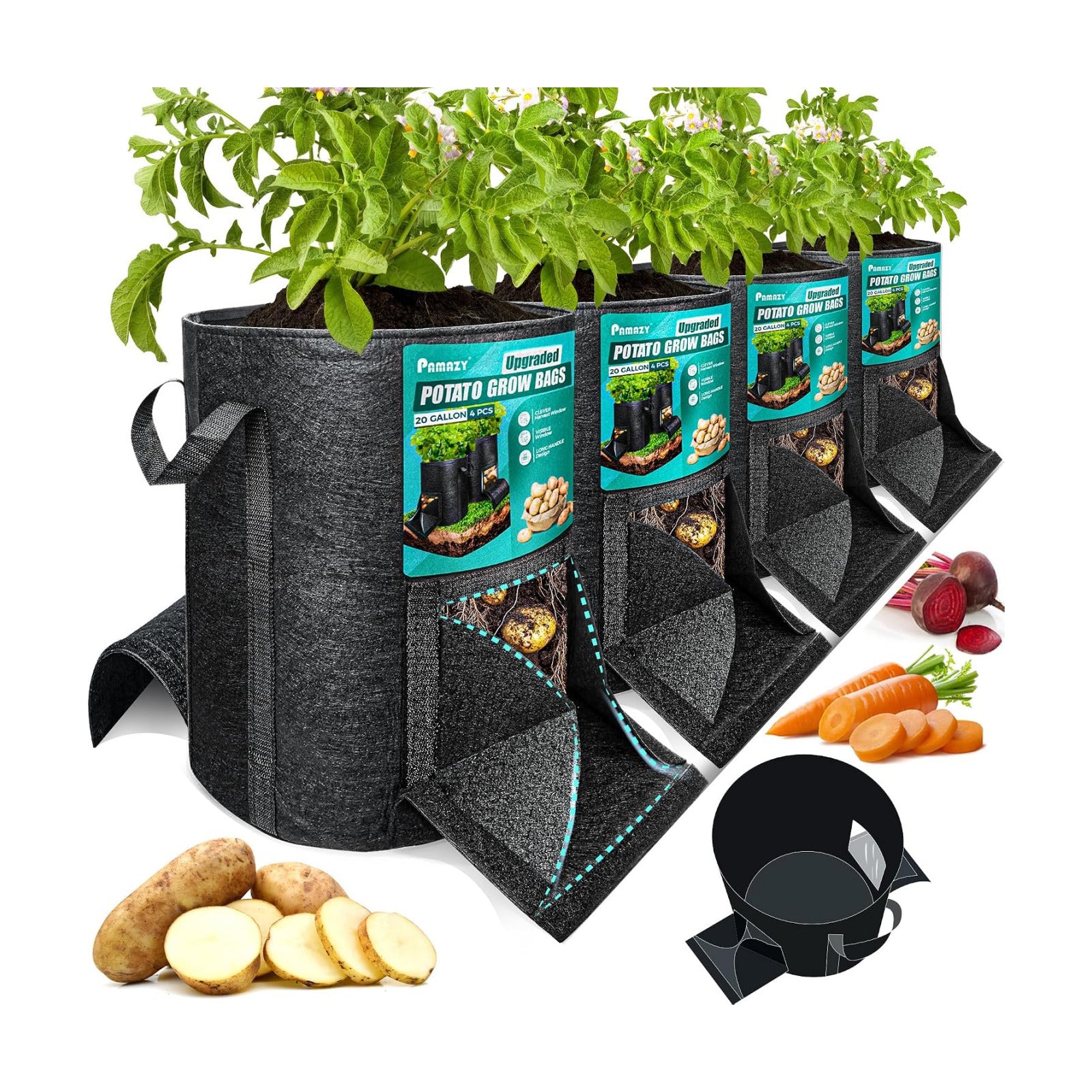 4PCS 20-Gallon Potato Grow Bag-Harvest & Visible Window Garden Planting Bag | Black Plant Grow Bag with Reinforced