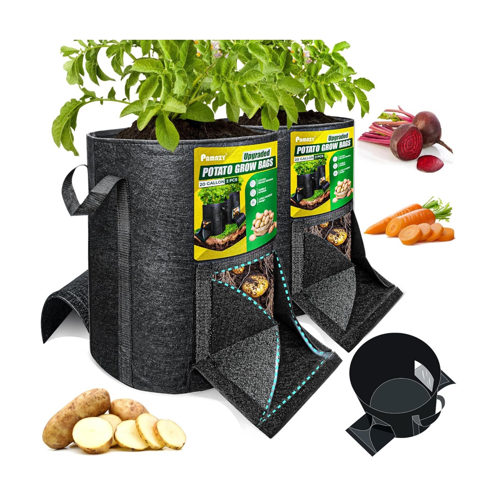 2PCS 20-Gallon Potato Grow Bag-Harvest & Visible Window Garden Planting Bag | Black Plant Grow Bag with Reinforced