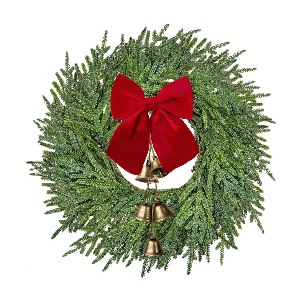 22" Christmas Norfolk Pine Wreath with Bow & Bells for Front Door Decor