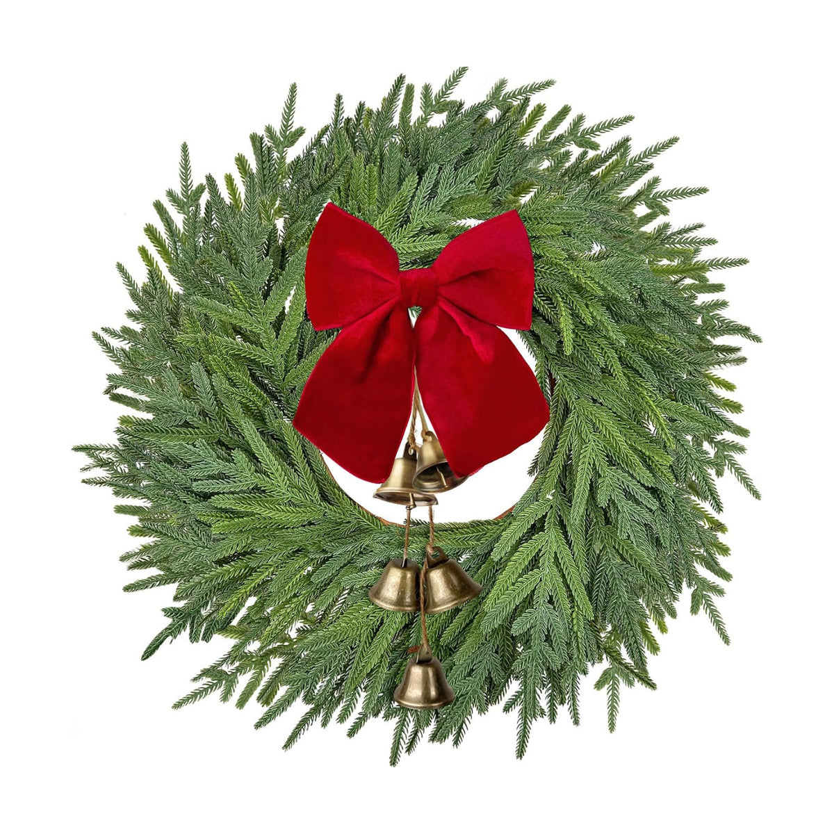 22" Christmas Norfolk Pine Wreath with Bow & Bells for Front Door Decor