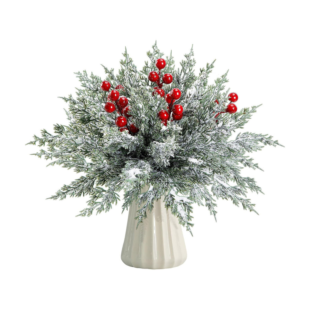 45 Pcs Artificial Christmas Snow Pine Branches Red Berry Stems Faux Sprig