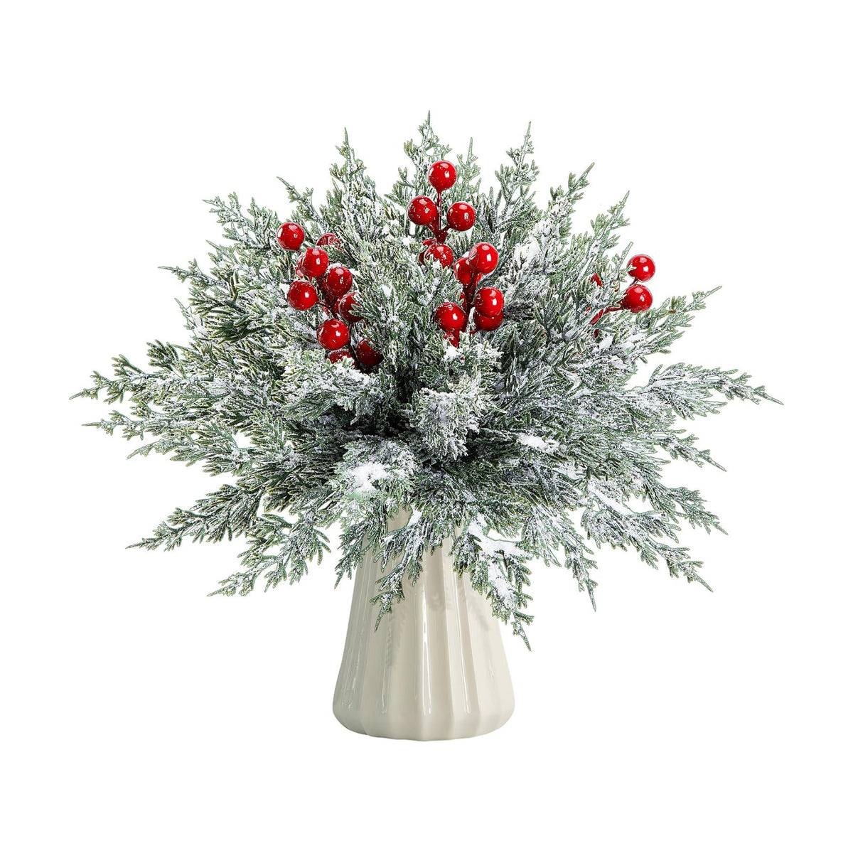 45 Pcs Artificial Christmas Snow Pine Branches Red Berry Stems Faux Sprig