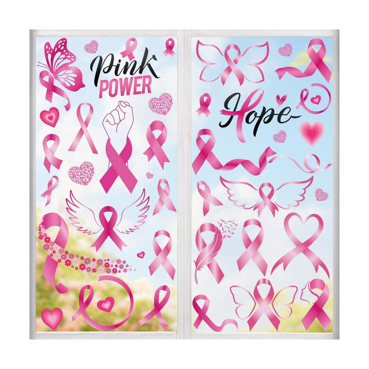 9 Sheets Breast Cancer Awareness Window Clings, 79 Kinds of Pink Window PVC Stickers for Pink Ribbon Decorations, Hope Fight Cancer Theme Windows Decals for Glass Home Decor Supplies