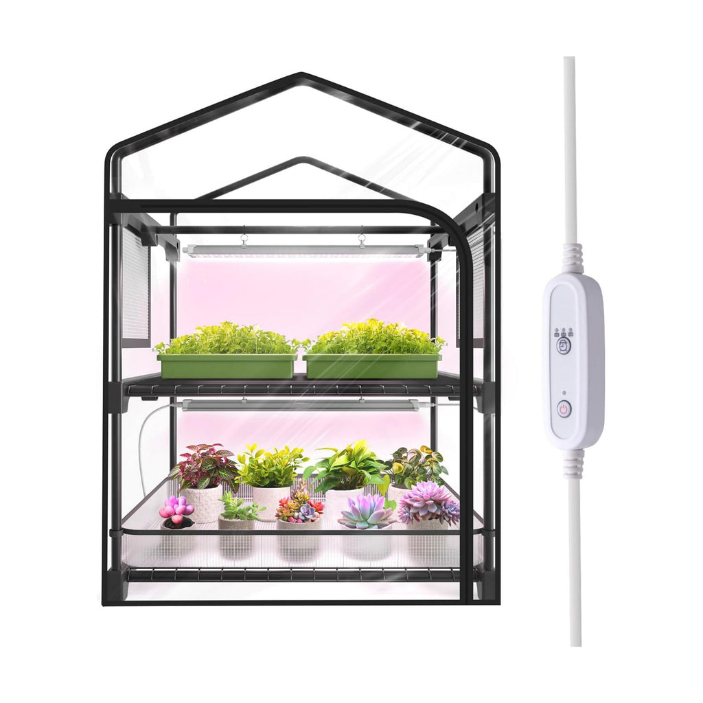 Indoor Greenhouse with Grow Light, 2-Tier Plant Stand, 27x19x35in | 1.64FT T5 Grow Light for Seedlings, PVC Tent with