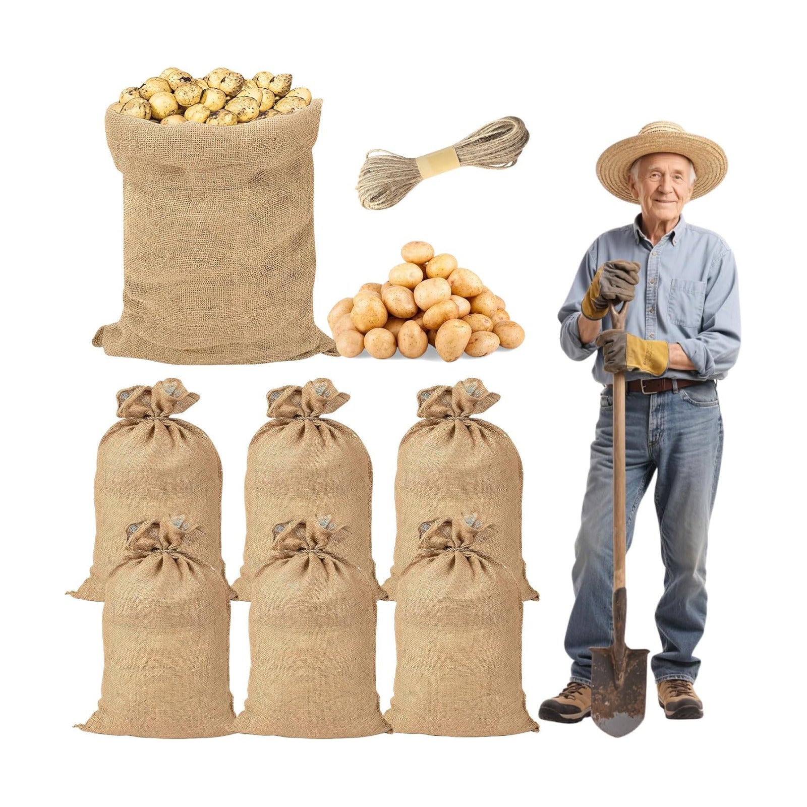 6 Pack Burlap Bags- 19.68" × 29.52" Potato Storage Sacks Natural Jute with Rope, Reusable Potato Onion Bags Strong for