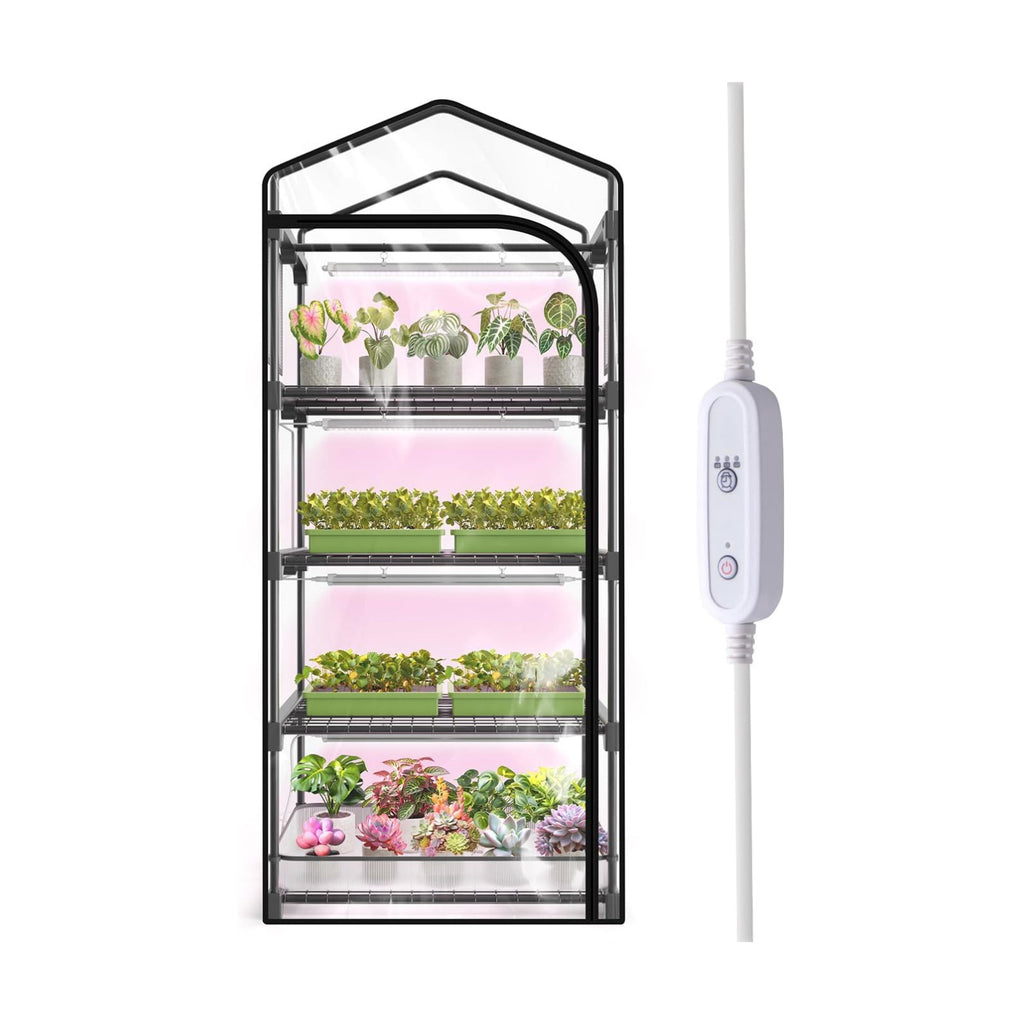 Indoor Greenhouse with Grow Light, 4-Tier Plant Stand, 27x19x63in | 1.64FT T5 Grow Light for Seedlings, PVC Tent with
