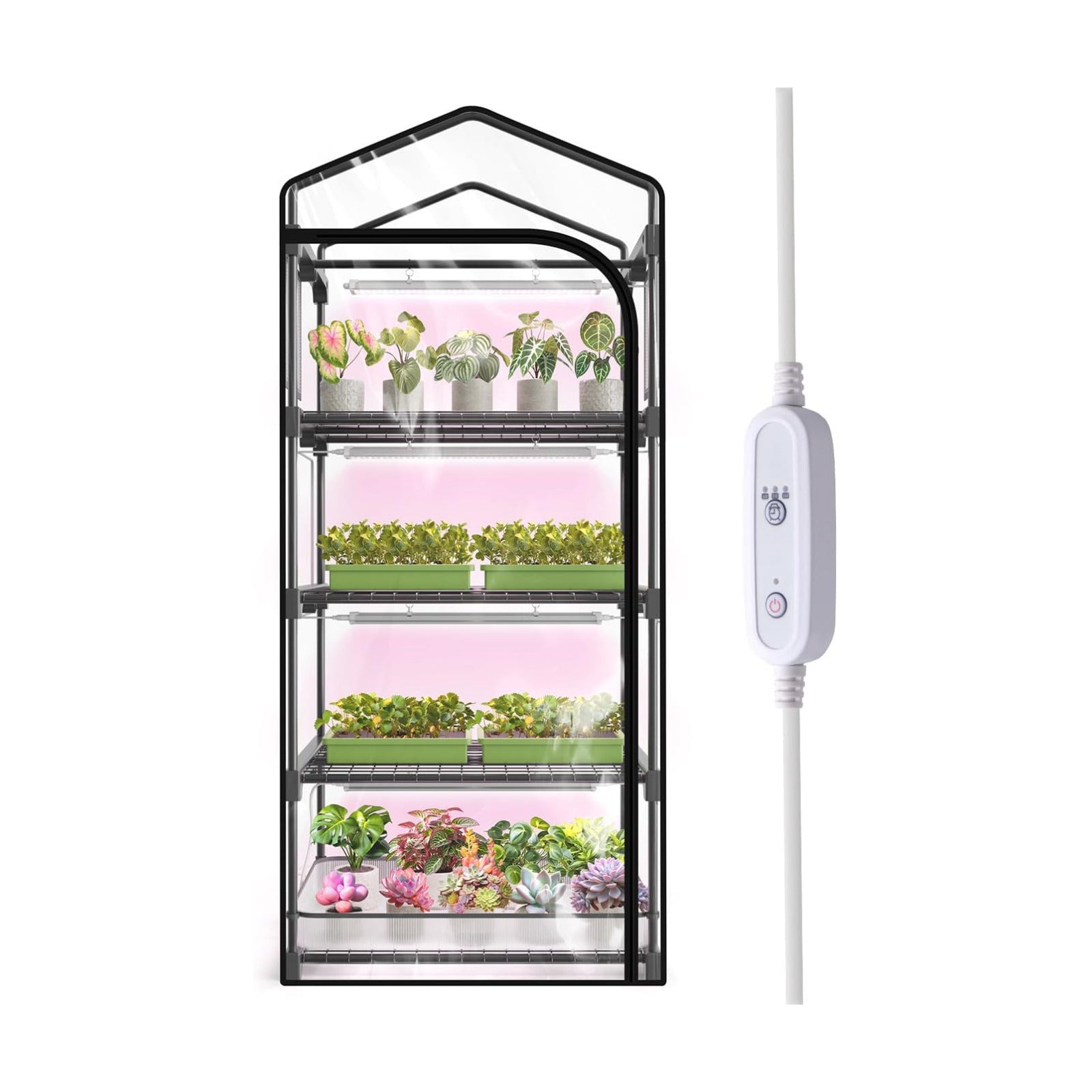 Indoor Greenhouse with Grow Light, 4-Tier Plant Stand, 27x19x63in | 1.64FT T5 Grow Light for Seedlings, PVC Tent with