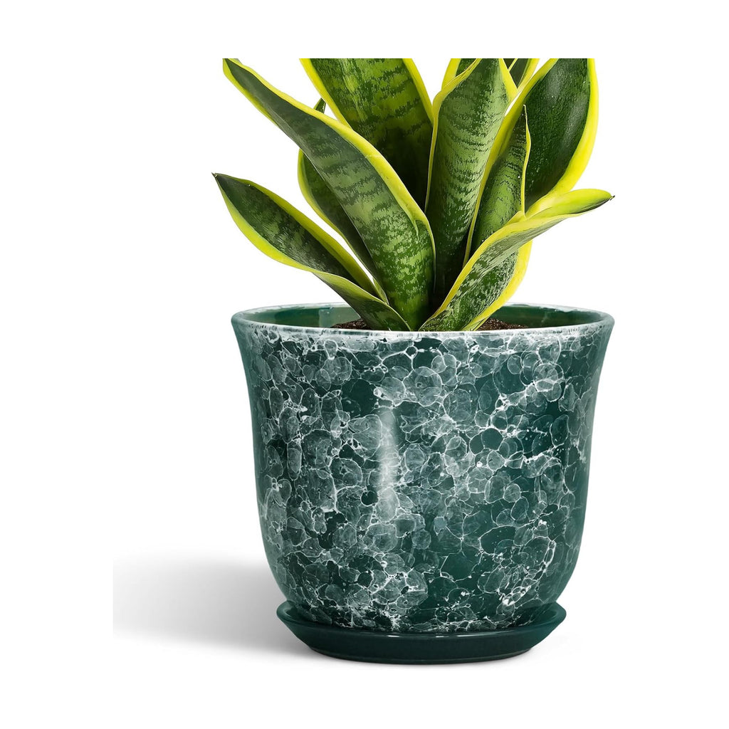 8 Inch Plant Pot - Ceramic Planter with Drainage Hole and Saucer, Round Planter for Indoor Outdoor, Modern Planters, Decorative Flower Pots, Office Room Home Decor, Plant Lover Gifts, Green