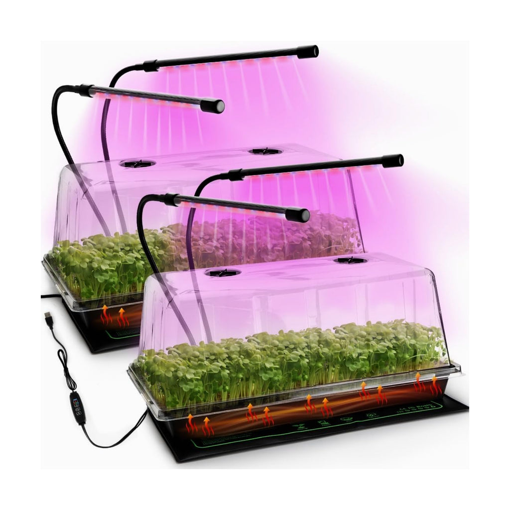2-Pack 1020 Seed Starter Trays with Heat Mat and Clip-On Grow Light | 7.3" High Dome, Adjustable Gooseneck Light, for
