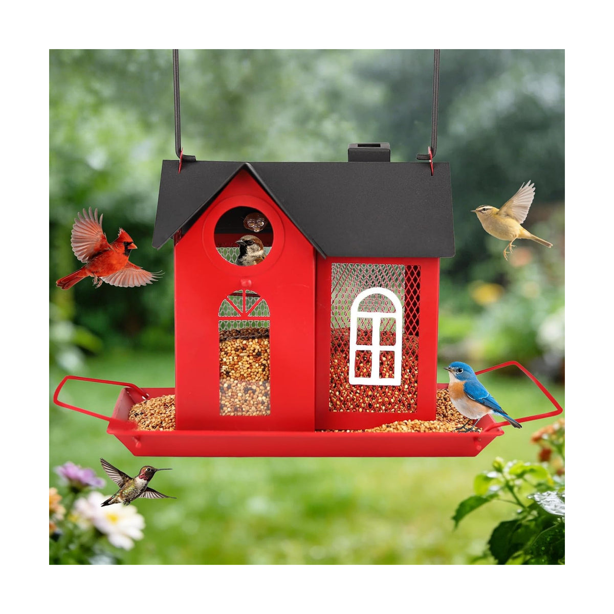 Solar Bird Feeder for Outdoors - Red Metal Hanging Bird Feeder with Solar Light, Decorative for Wild Cardinals, Finches, Weatherproof Backyard Garden Decor Ideal Gift for Women Mom Grandma