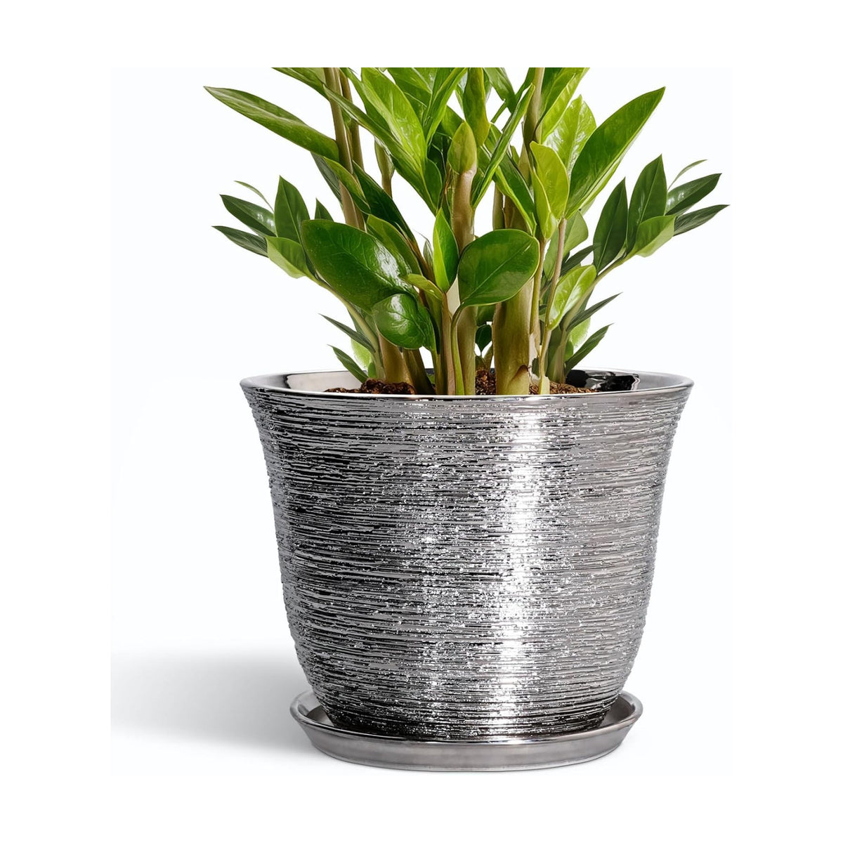 10 Inch Plant Pot, Ceramic Planter with Drainage Hole, Silver
