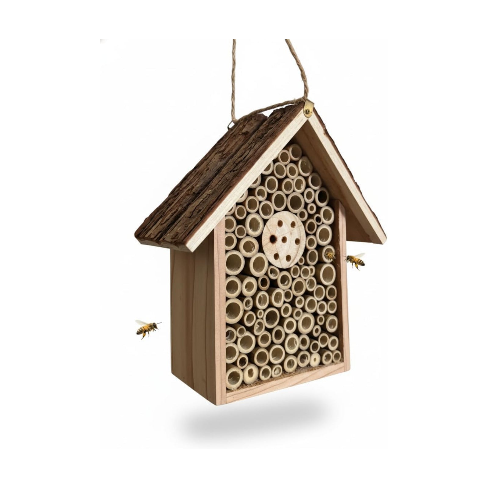 Redwood Mason Bee House - Solitary Bee Hotel & Wooden Pollinator House | Leafcutter Bee Hive with Easy-Hang Jute Rope