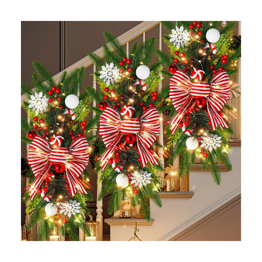 Lyrow 2 Pack 24" Christmas Stairway Swag with Lights, Red White Ribbon