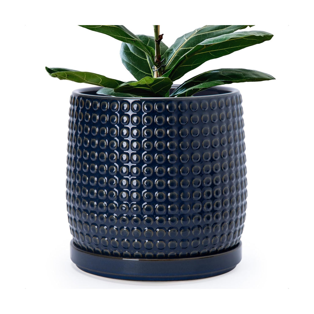 D'vine Dev Beaded Ceramic Pot with Saucer, 10 in, Midnight Blue, 27-C-P-3
