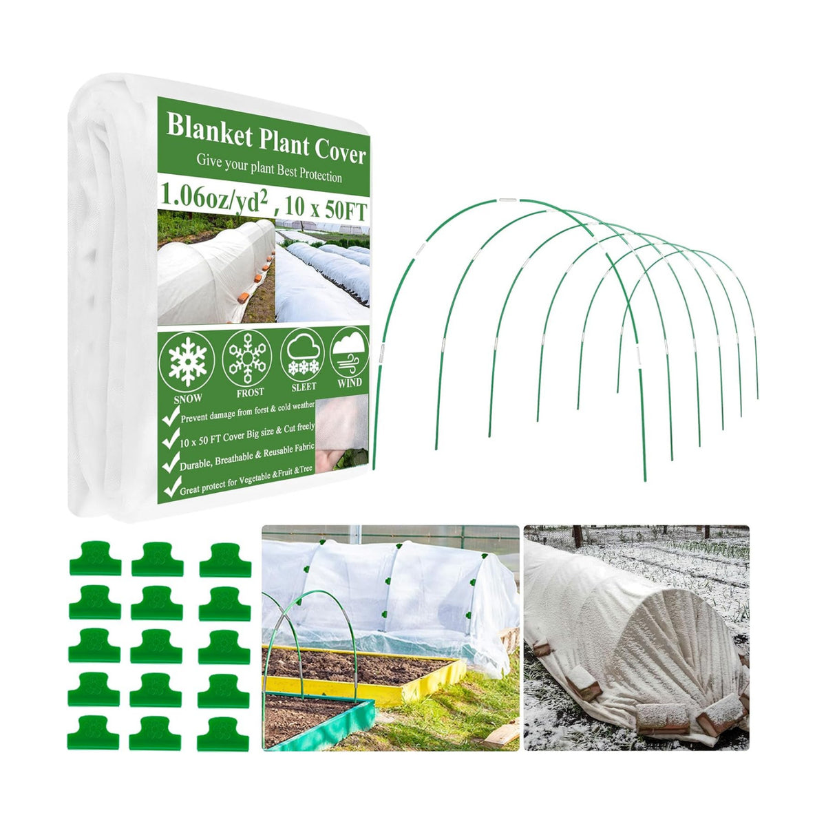 10X50FT Plant Covers Frost Protection Kit, Garden Hoops Kit for Winter Oudoot Plants, Floating Row Cover Frost Cloth