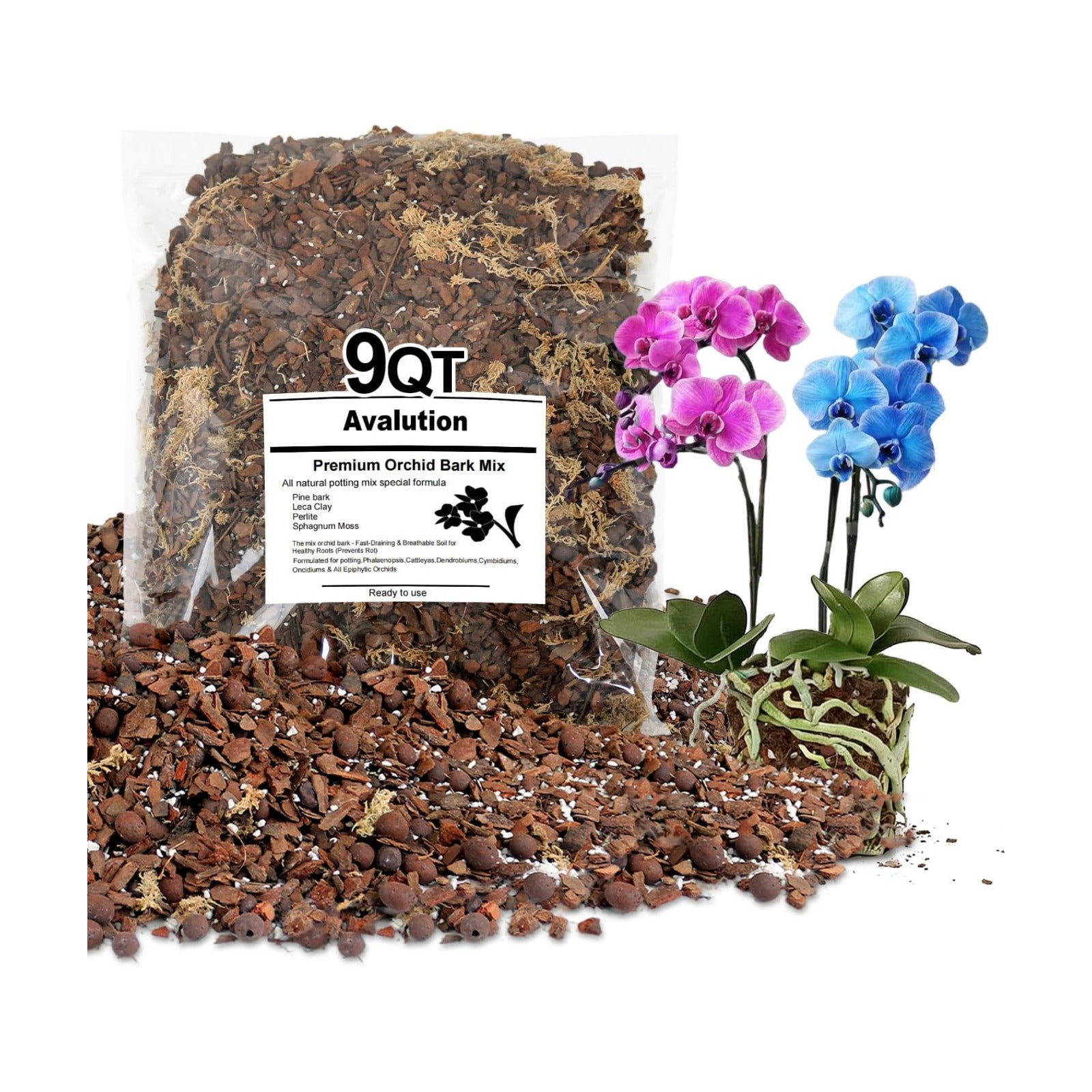 Orchid Bark Potting Mix 9 Quart, Mix Pine Bark,Perlite, Sphagnum Moss and Clay Pebbles for Plants, Orchid Garden Soil