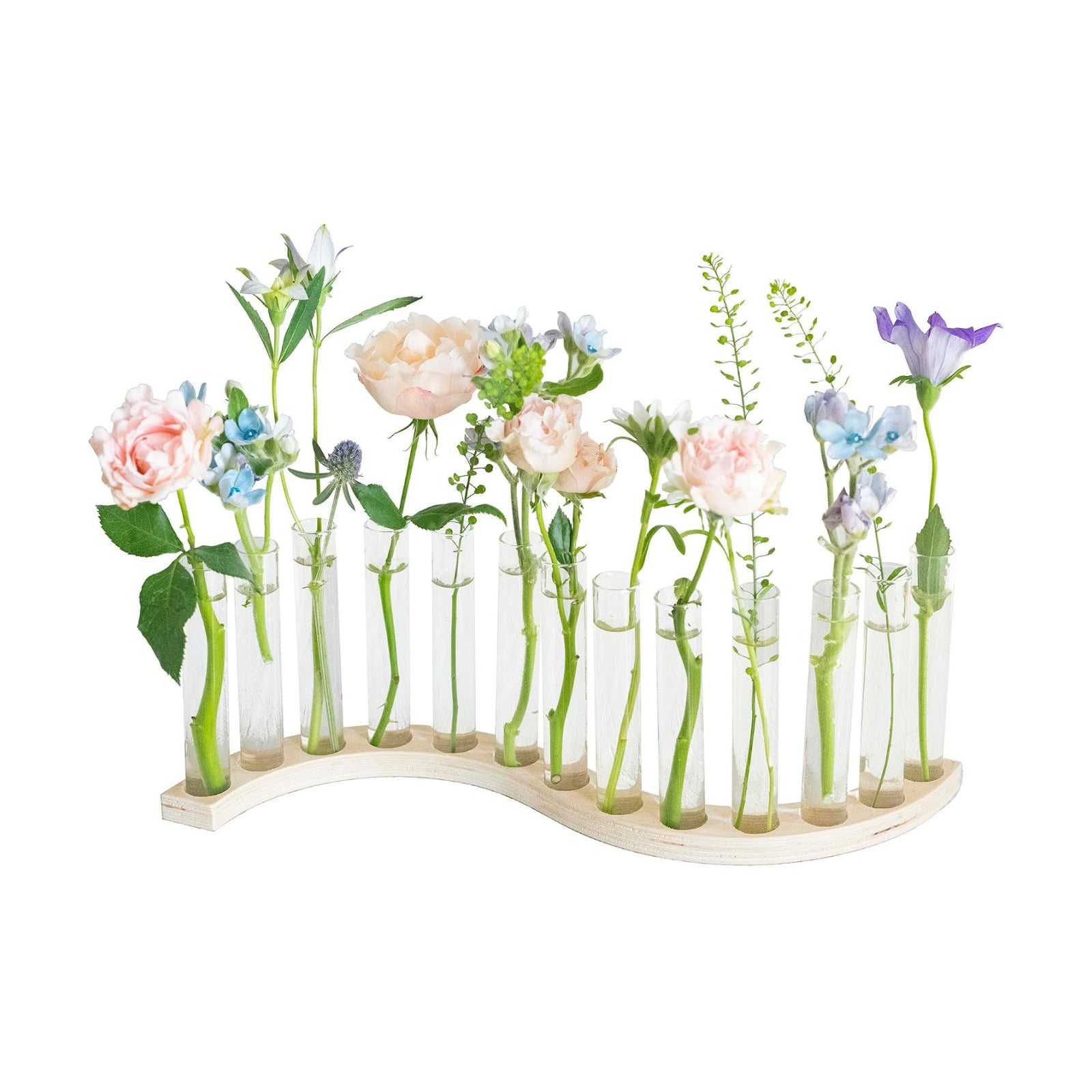 Test Tube Vases for Flowers，Small Plant Propagation Station，S Shape Plant Terrarium with Wooden Stand(Light Wood)