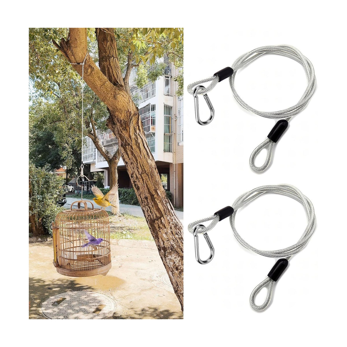 2 Pcs 80 Inch Premium Bird Feeder Hanger for Tree with Carabiner Clip，Flexible Stainless Steel Hanging Cables Chain Wire for Bird Feeders and Birdhouses，Baths, Planters，Baskets，Suet，Outdoor Camping
