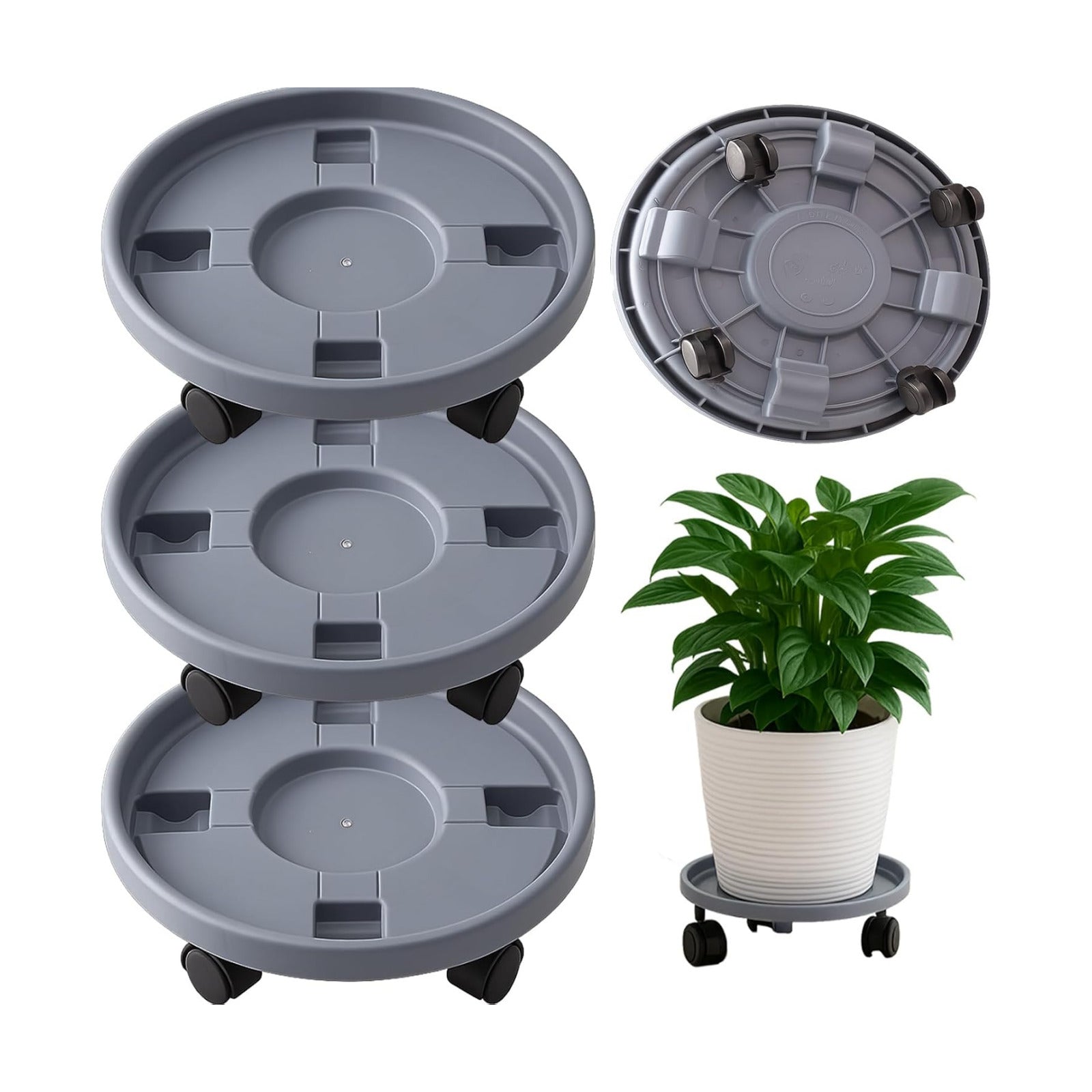 Rolling Plant Stand Outdoor 3 Pack 17.3 Inch Plant Caddy with Wheels, Grey | Durable plant platform, smooth mobility