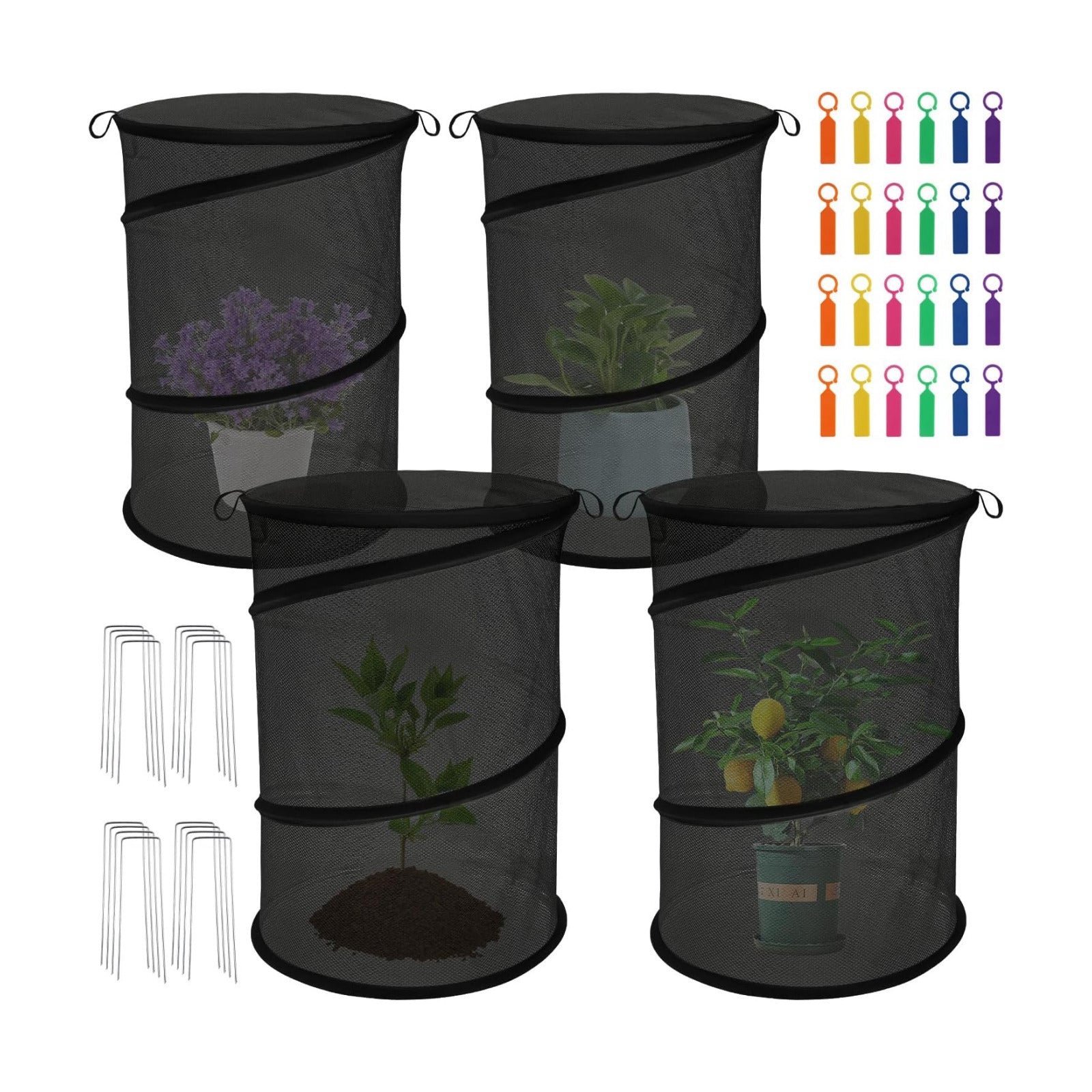 4 Pack Pop Up Plant Covers from Animals, 20" H X 13" D Insect Garden Covers, Round Foldable Mesh Plant Cover, Plant