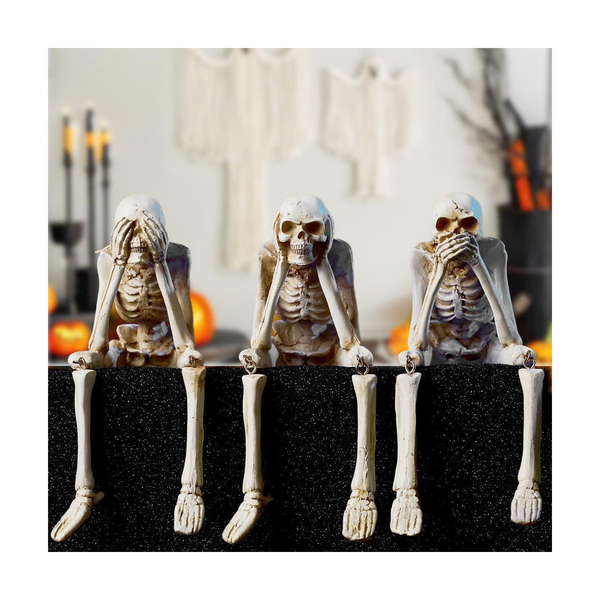 Halloween Mantel Decor, See Speak Hear No Evil Skeletons Resin Statues