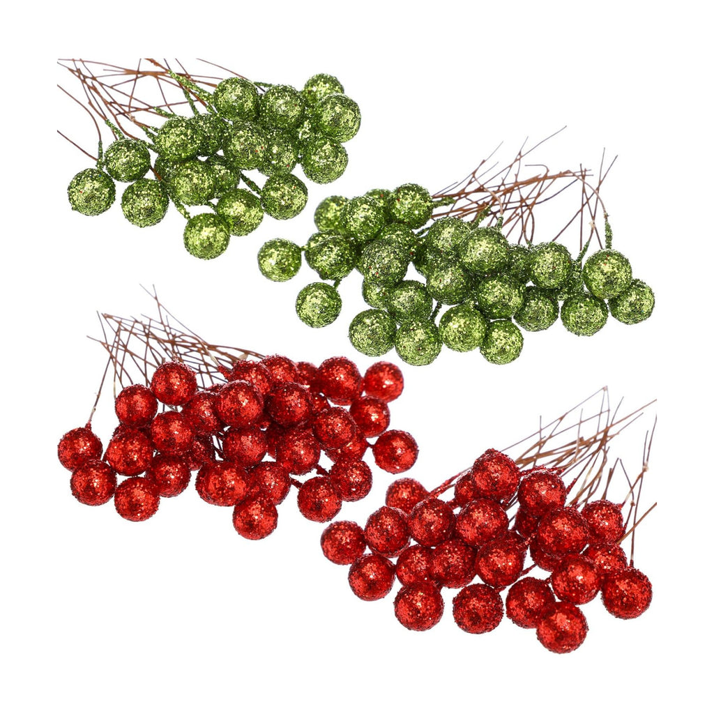 BBTO 100 Pack Artificial Holly Berries Mini 10 mm Christmas Fake Berries Stems Crafts Faux on Wire for Christmas Tree Decoration Flower Branches Ornament Wreath DIY Winter Home (Glitter Red and Green)