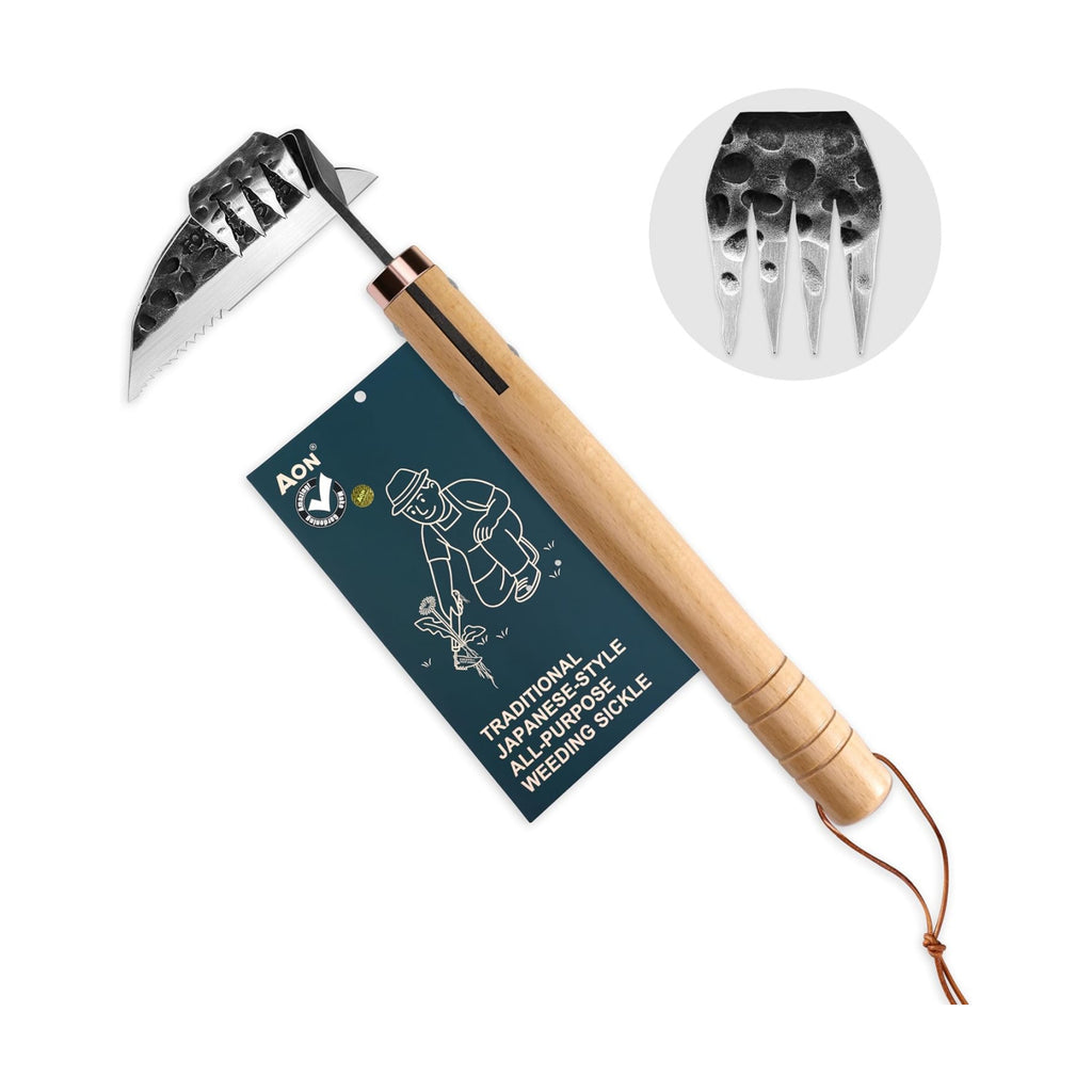AON Japanese Weeding Sickle & Hand Hoe, 4-Tine Uprooting Garden Tool | Forged steel sharp edge, 4 curved tines &