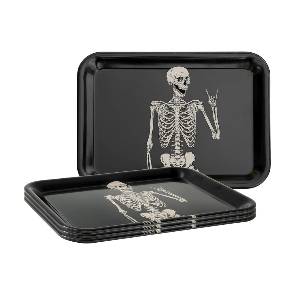 Whaline 3Pcs Halloween Serving Trays Black Skeleton Plastic Platter Serving Dishes Reusable Trays for Party Sharing Snack Fruit Dessert Supplies, 10 x 13 Inch