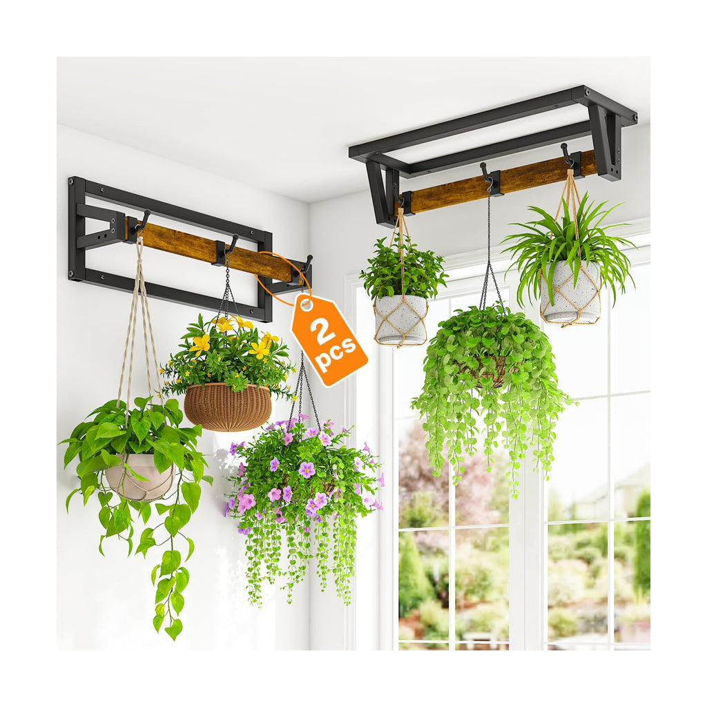 LASZOLA Plant Hanger Holder Shelf Indoor Window Wall Mount, 2 Pack Brown | Plant Hanging Rod with 6 Heavy Duty Hanging