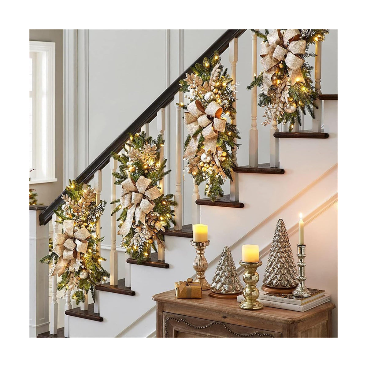 Christmas Swag Wreath for Staircase, Christmas GlitterTeardrop Decorations with Bow Swag Trim for Front Door Wall Window Indoor Outdoor (Gold, 45cm*20cm)