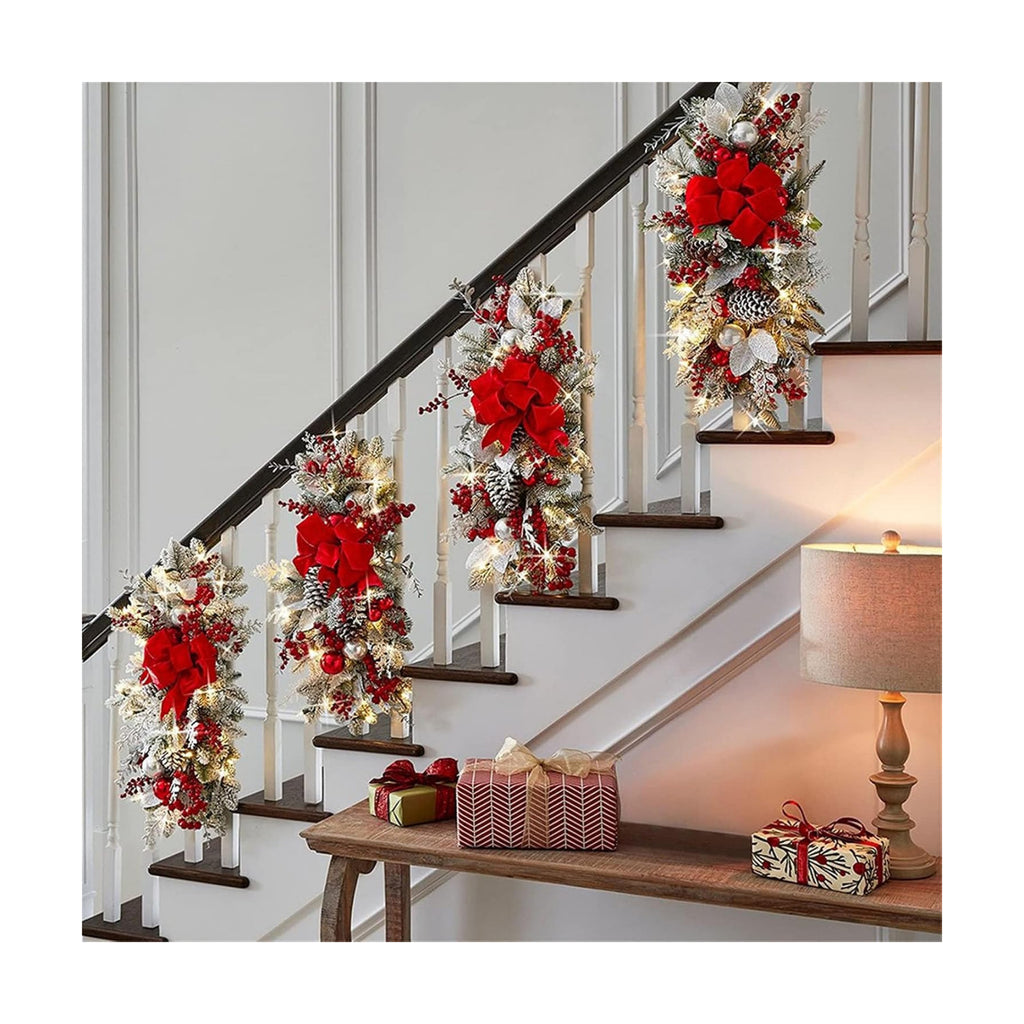 Christmas Swag Wreath for Staircase, Christmas GlitterTeardrop Decorations with Bow Swag Trim for Front Door Wall Window Indoor Outdoor (Red, 45cm*20cm)