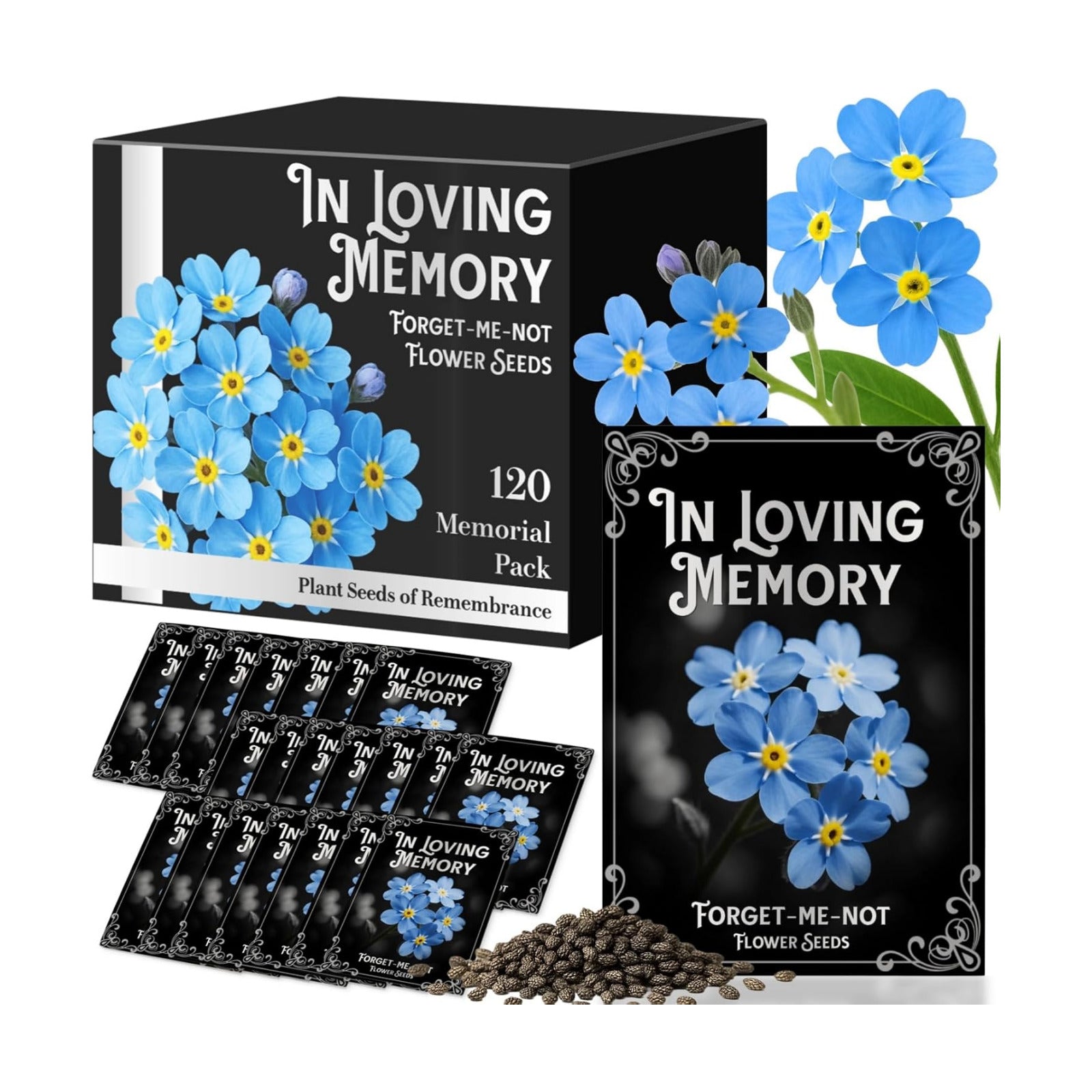 120 Pack Forget-Me-Not Flower Seed Packets for Memorial Services | Printed seed envelopes with poem and planting