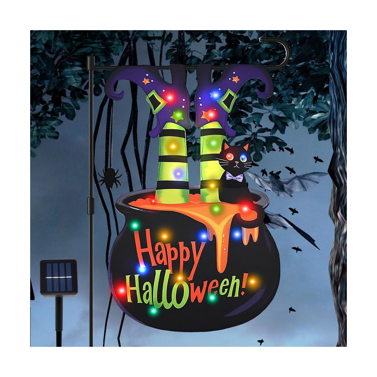 Halloween Lighted Garden Flag 12"x18" – Witch Legs in Cauldron Shape with LED Lights, 8 Lighting Modes, Double Sided Yard Decoration with Solar Panel and Stake for Outdoor Lawn Porch