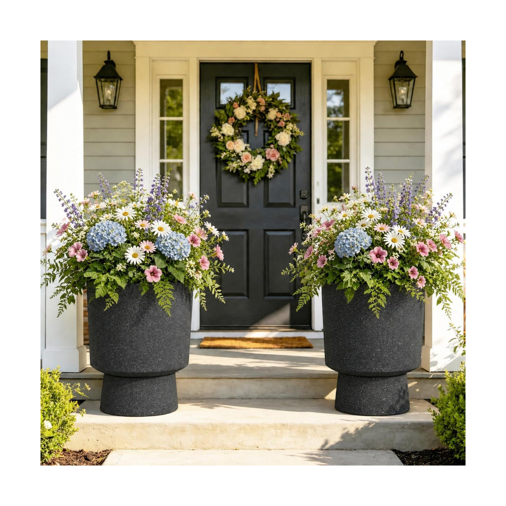 16.8" Pedestal Planters for Outdoor Plants, Large Urn Flower pots S/2 | Durable Plastic Large Outdoor Planters with