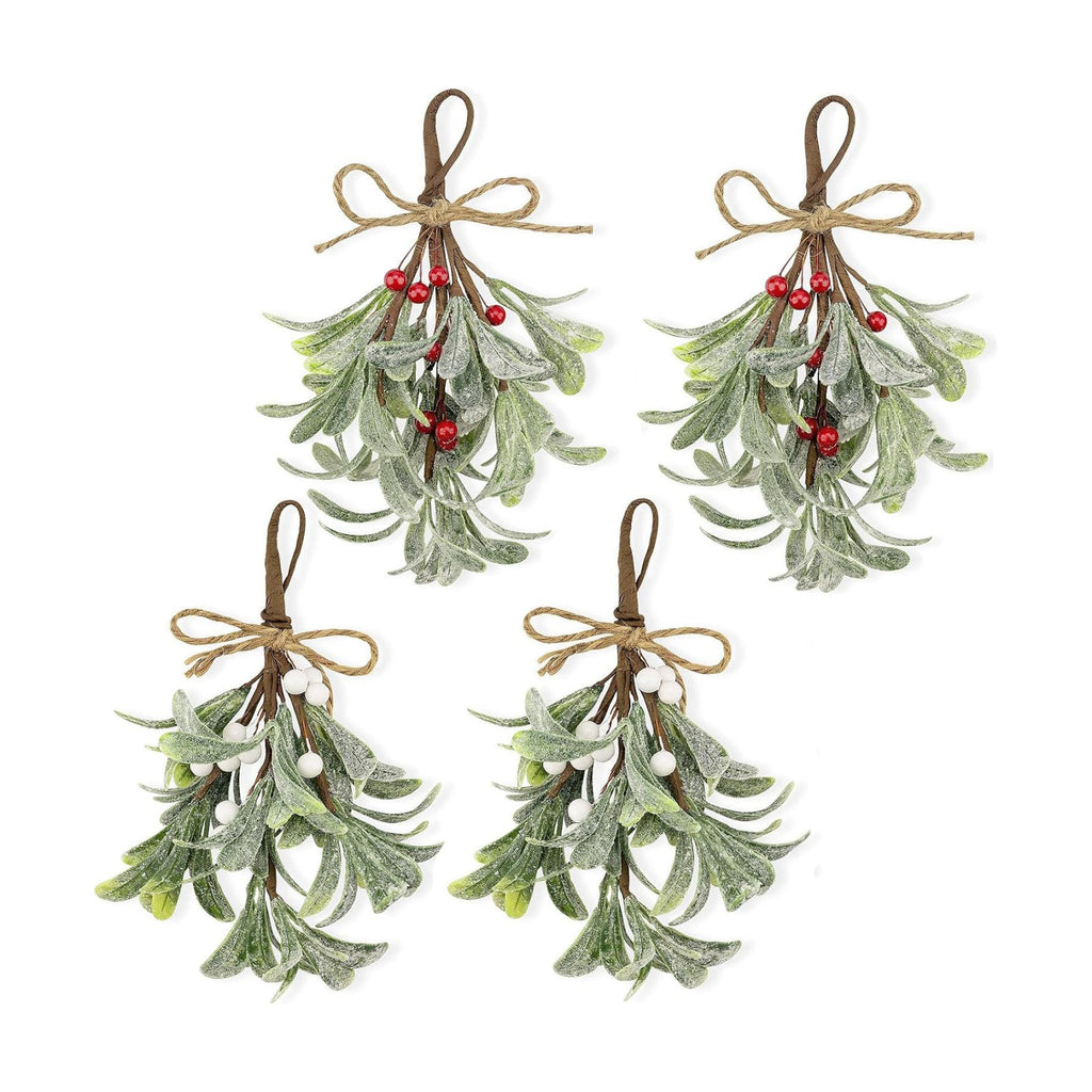 4 Pcs Artificial Mistletoe Picks - Flocked Red & White Berries with Glitter Leaves & Rope Bow, Christmas Hanging Kissing Plant Ornaments for Tree Door Party Decorations