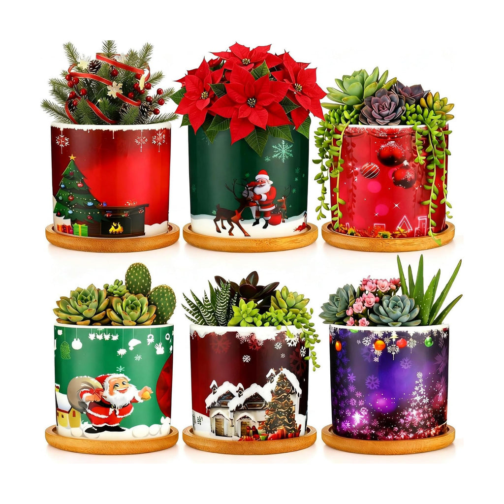 Meanplan 6 Pcs 3.5'' Christmas Ceramic Plant Pots with Drainage Holes and 6 Pcs Bamboo Trays Succulent Planters Cactus Pot for Indoor Outdoor Plants Holiday Christmas Home Office Decor