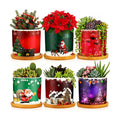 Meanplan 6 Pcs 3.5'' Christmas Ceramic Plant Pots with Drainage Holes and 6 Pcs Bamboo Trays Succulent Planters Cactus Pot for Indoor Outdoor Plants Holiday Christmas Home Office Decor