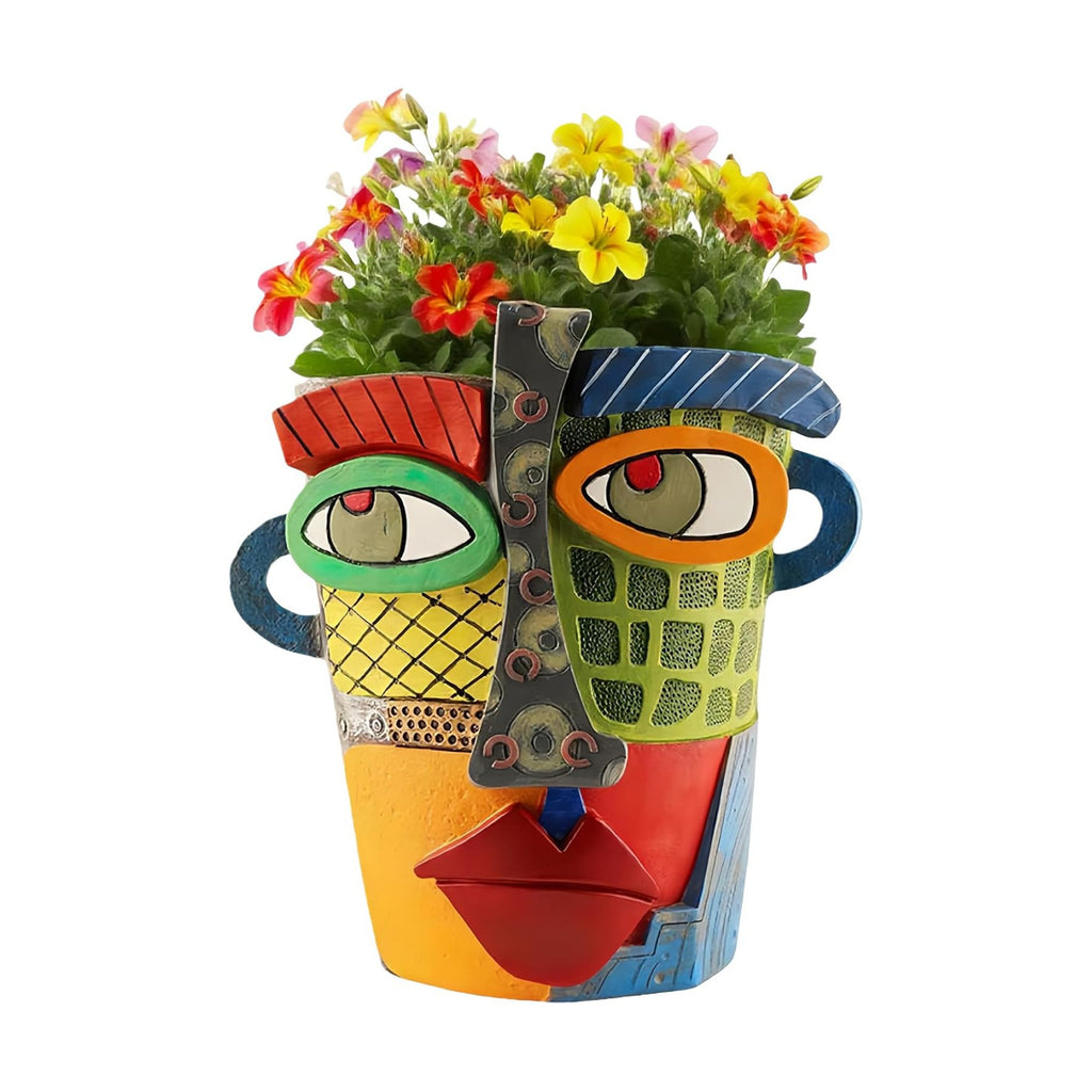 Picasso Abstract Face Flower Pot,Unique Resin Crafted Planter with Drainage Holes,Interesting Colorful Planter with