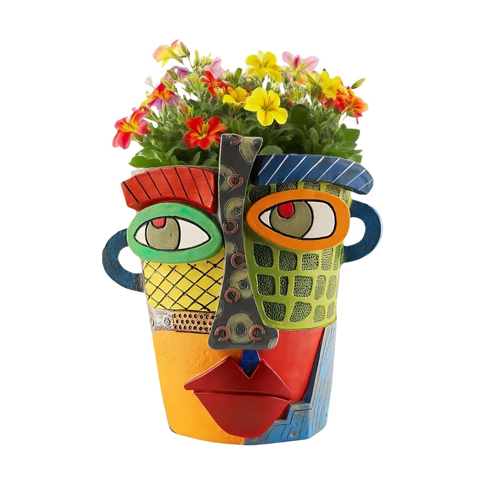 Picasso Abstract Face Flower Pot,Unique Resin Crafted Planter with Drainage Holes,Interesting Colorful Planter with