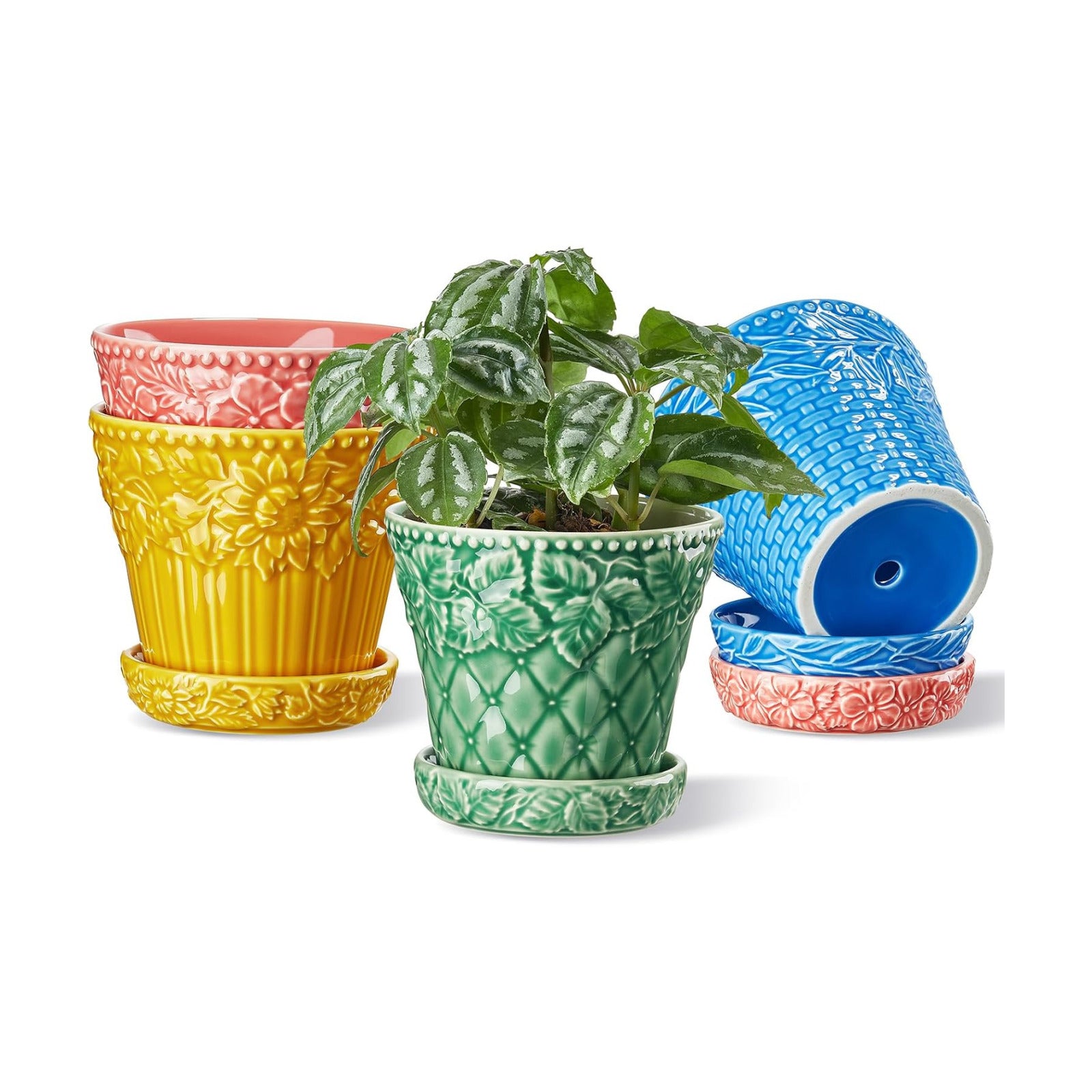 Metahom Ceramic Plant Pots, 4.9 Inch Flower Pots with Drainage Hole & Saucer, Colorful Planter Pots for Indoor Plants