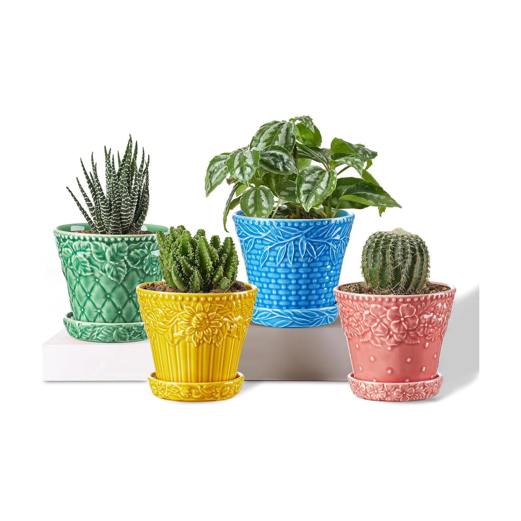 Metahom Succulent Ceramic Pots, 3.8 Inch Small Plant Pots with Drainage Hole & Saucer, Flower Planter Pot for House